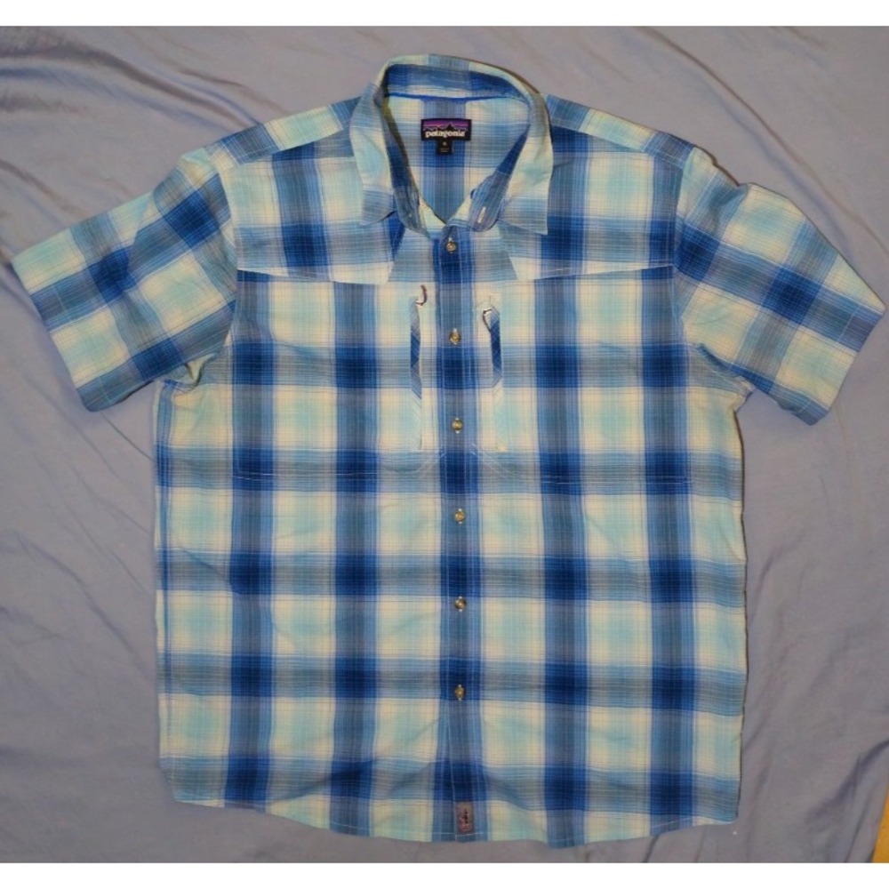 Patagonia M's Sun Strech Mens‎ XL Blue Plaid Short Sleeve Fisherman